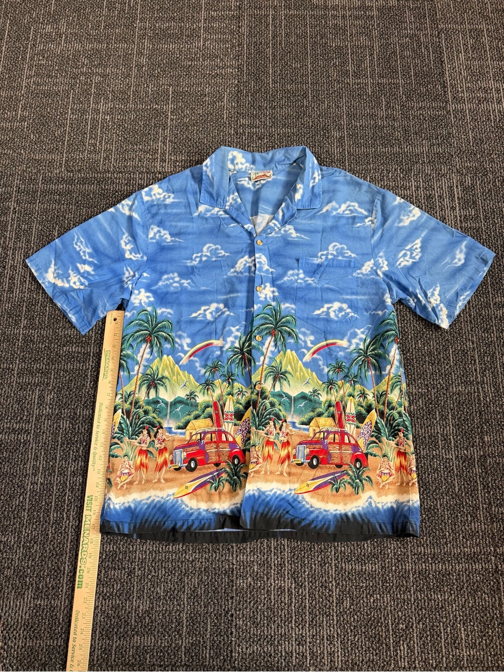 Vintage Evergreen Islands Mens Med Hawaiian Made Shirt Surfboard Cars Hula Dance